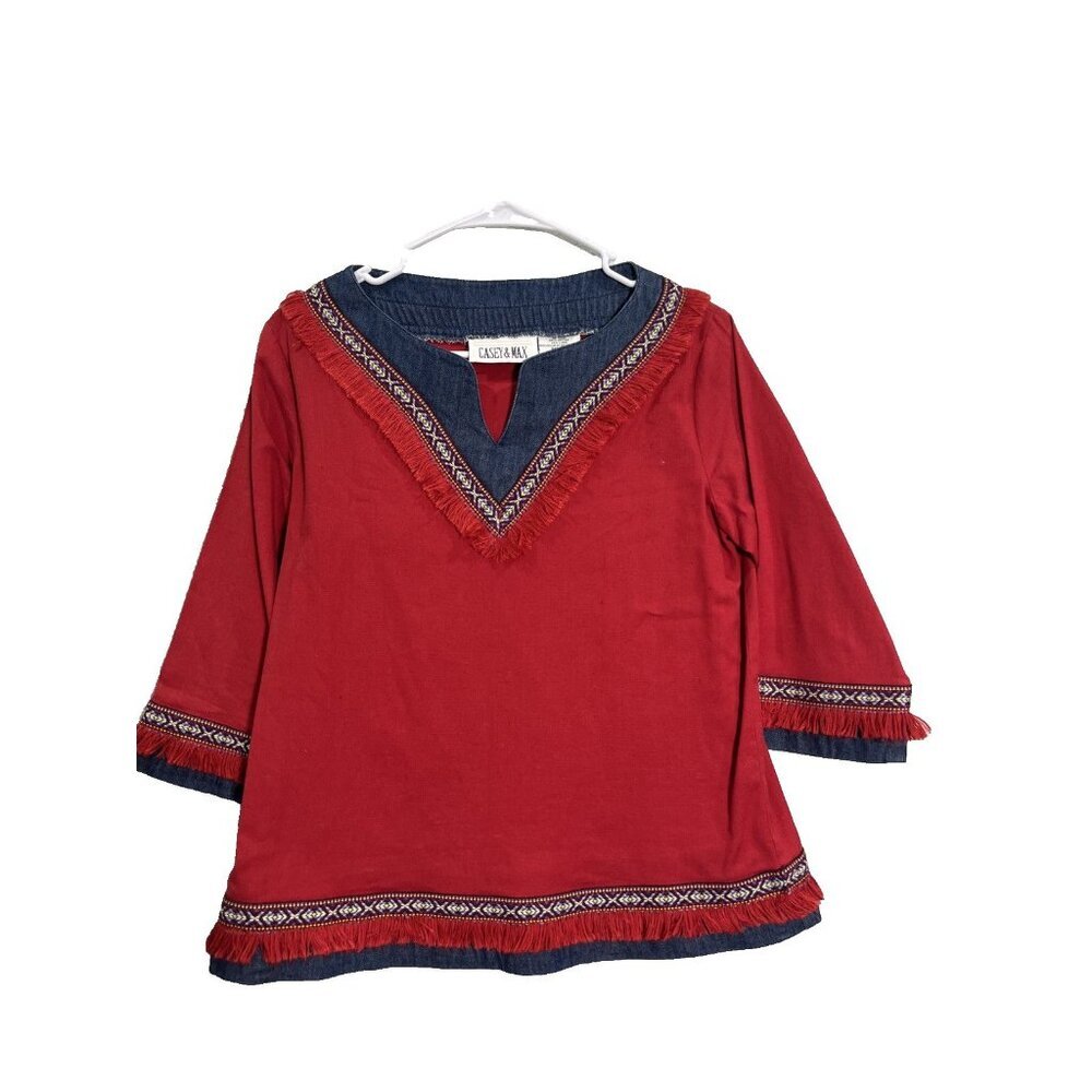 Casey & Max Tunic Top Womens Sz S Red Linen Blend Boho Fringe Denim Peasant Boho